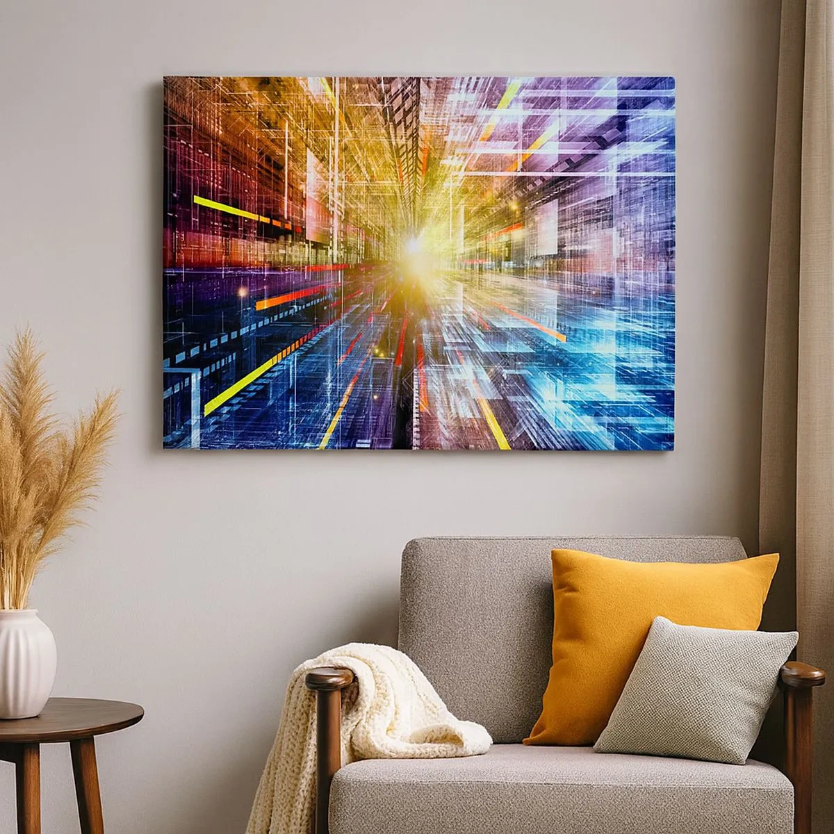 Cuadro sobre lienzo - Impresión de Imagen - Luces dinámicas en un pasillo futurista - 70x50cm - Un pasillo luminoso - Decoración de pared moderna para salón y dormitorio ARTTOR
