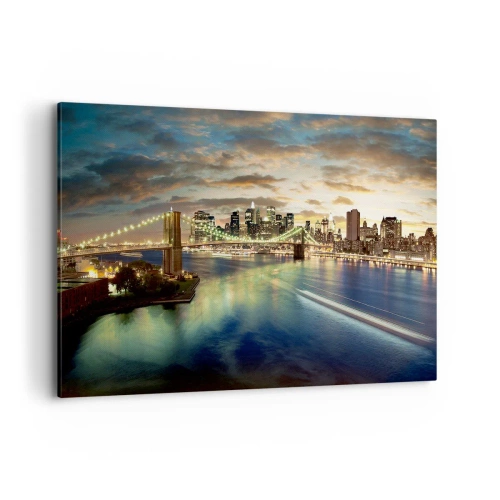 Cuadro sobre lienzo - Impresión de Imagen - Un puente iluminado con la ciudad al fondo, con luces reflejadas en el agua. - 100x70cm - Un atardecer iluminado sobre Manhattan - Decoración de pared moderna para salón y dormitorio ARTTOR