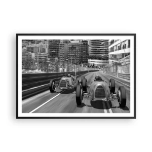 Póster en marco negro - Escena de carrera de coches retro monocromática - 100x70cm - Érase una vez en Montecarlo - Decoración de pared moderna para salón y dormitorio ARTTOR