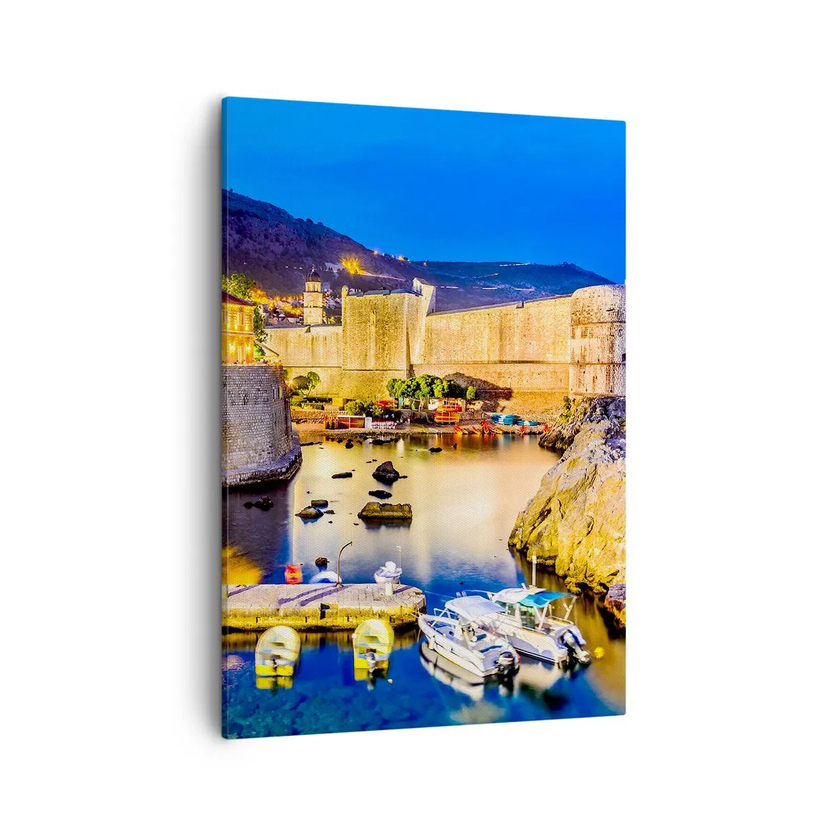 Cuadro sobre lienzo - Impresión de Imagen - Un puerto pintoresco de noche con edificios iluminados. - 50x70cm - Noche iluminada sobre el mar Adriático - Decoración de pared moderna para salón y dormitorio ARTTOR