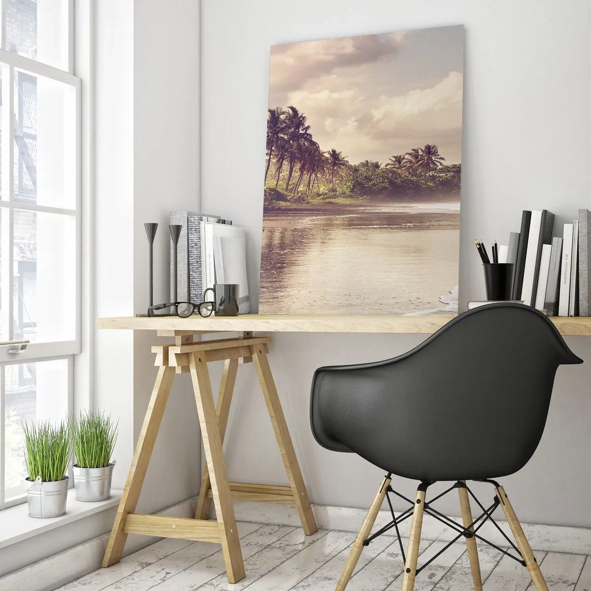 Cuadro sobre vidrio - Impresiones sobre Vidrio - Una playa con palmeras y olas suaves por la mañana. - 80x120cm - La caricia de las olas - Decoración de pared moderna para salón y dormitorio ARTTOR
