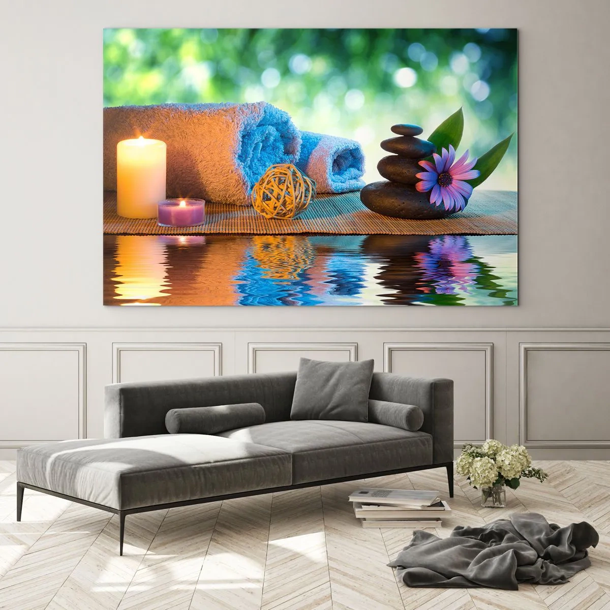 Cuadro sobre vidrio - Impresiones sobre Vidrio - Spa con toallas, velas y piedras con un fondo natural. - 100x70cm - Tiempo para el cuerpo - Decoración de pared moderna para salón y dormitorio ARTTOR