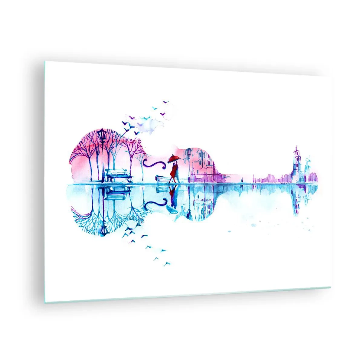 Cuadro sobre vidrio - Impresiones sobre Vidrio - Un paisaje con forma de guitarra en estilo acuarela. - 70x50cm - Te traeré cánticos de lluvia - Decoración de pared moderna para salón y dormitorio ARTTOR