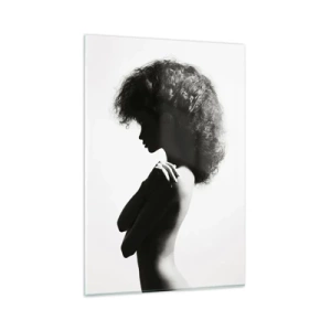 Cuadro sobre vidrio - Impresiones sobre Vidrio - Una silueta sutil de una mujer en tonos blanco y negro sobre un fondo claro. - 80x120cm - Como una flor en un tallo delgado - Decoración de pared moderna para salón y dormitorio ARTTOR