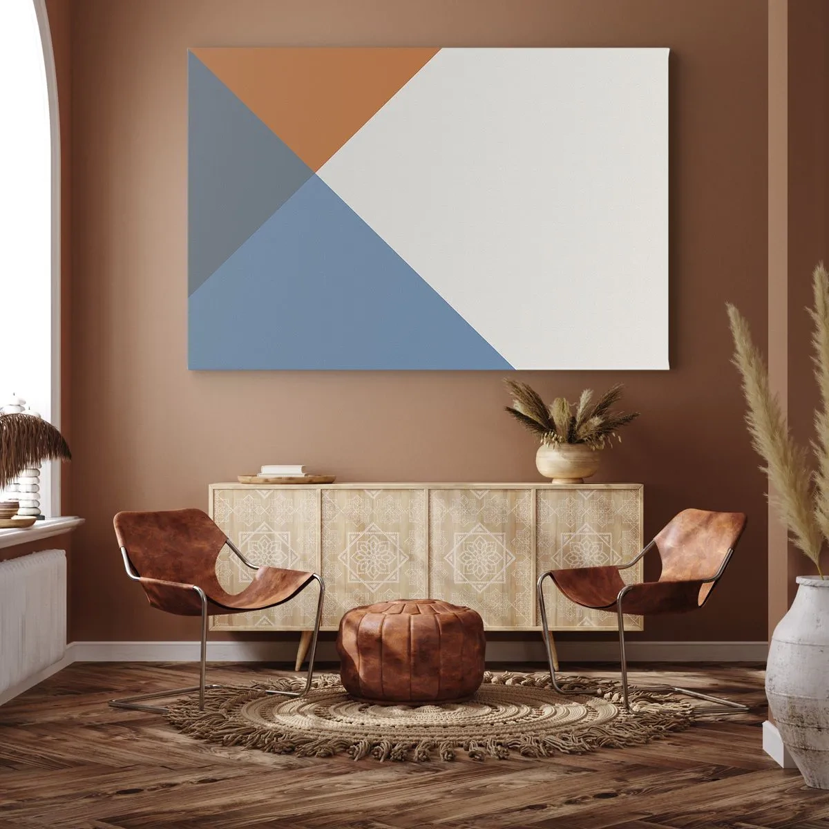 Cuadro sobre lienzo - Impresión de Imagen - Triángulos geométricos en tonos azules y naranjas. - 70x50cm - Desde el punto de vista de... - Decoración de pared moderna para salón y dormitorio ARTTOR