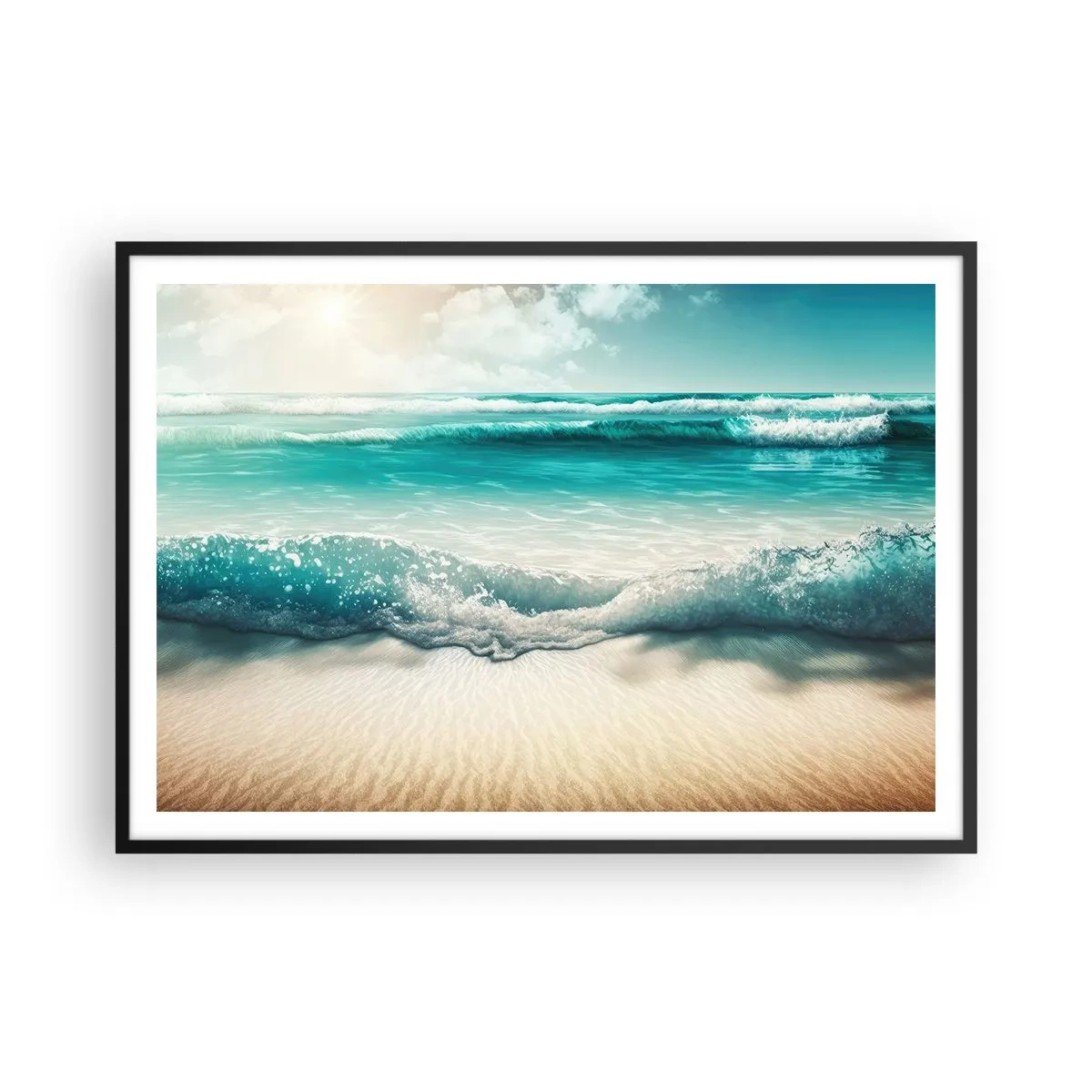 Póster en marco negro - Olas del océano en una playa de arena clara - 100x70cm - Calma oceánica - Decoración de pared moderna para salón y dormitorio ARTTOR