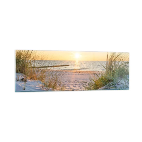Cuadro sobre vidrio - Impresiones sobre Vidrio - Una playa de arena con vistas a la puesta de sol sobre el mar. - 160x50cm - El sonido del mar, el canto de los pájaros, una playa virgen entre las dunas... - Decoración de pared moderna para salón y dormito