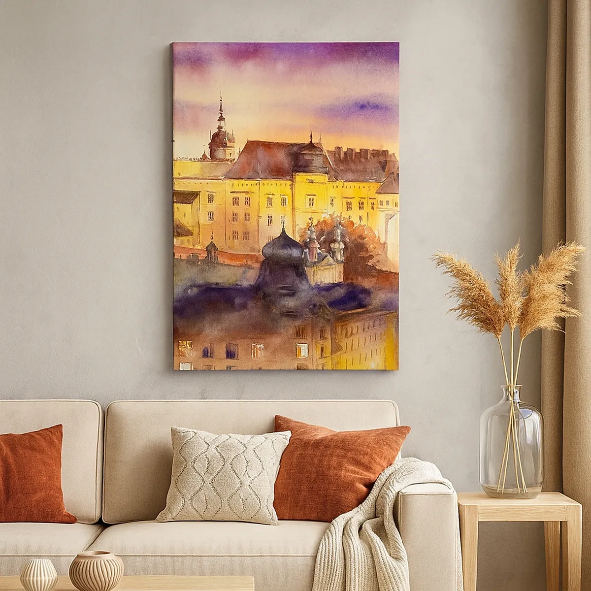 Cuadro sobre lienzo - Impresión de Imagen - Una pintoresca pintura de acuarela de un castillo al atardecer. - 50x70cm - Una historia y un cuento - Decoración de pared moderna para salón y dormitorio ARTTOR