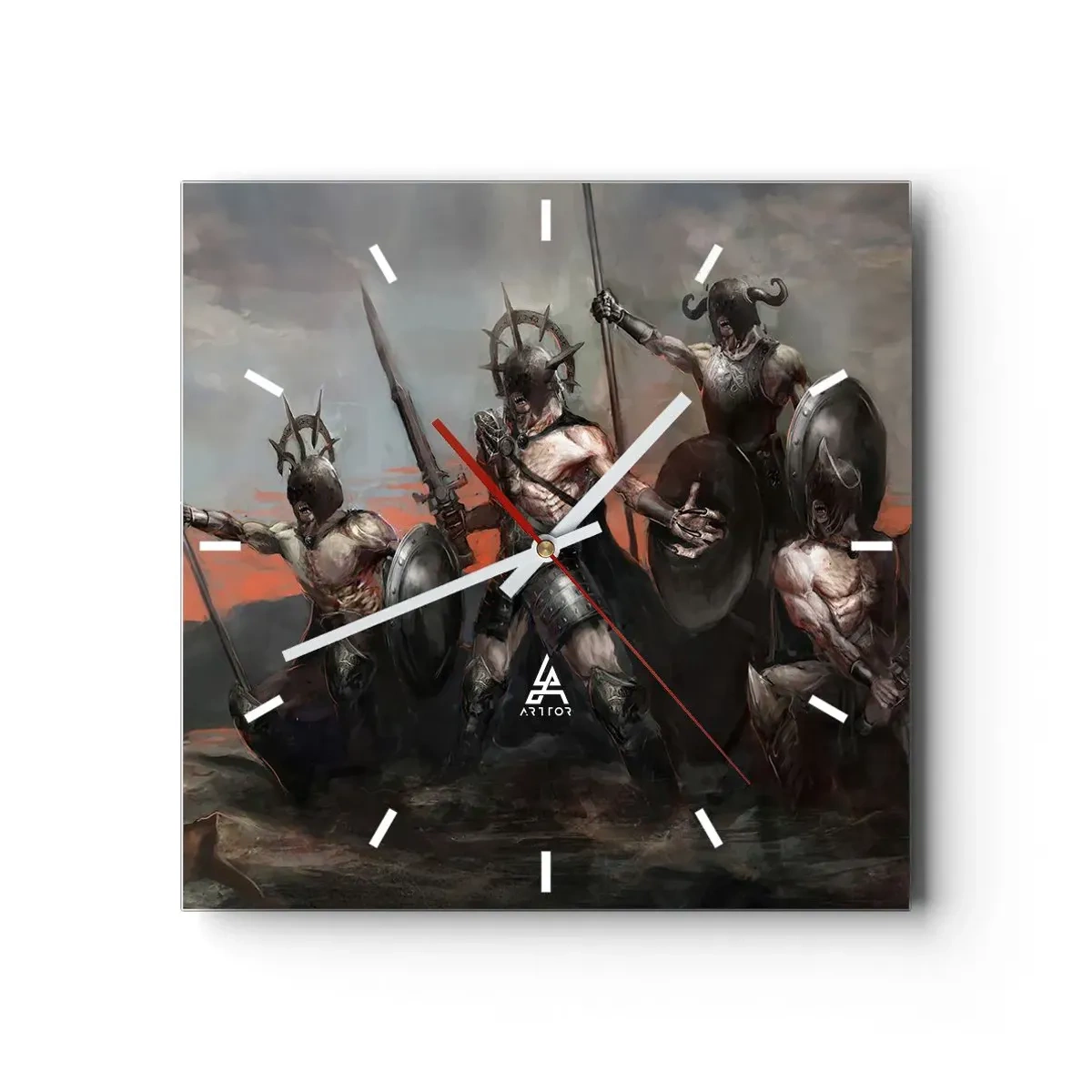 Reloj de pared - Reloj de vidrio - Un grupo de guerreros con armadura y lanzas con el atardecer como telón de fondo. - 30x30cm - Escudo con escudo - Decoración de pared moderna para salón y dormitorio ARTTOR