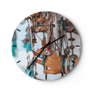 Reloj de pared - Reloj de vidrio - Una mano decorada con joyas entre la artesanía boho - 30x30cm - Tesoros locales - Decoración de pared moderna para salón, cocina y dormitorio ARTTOR