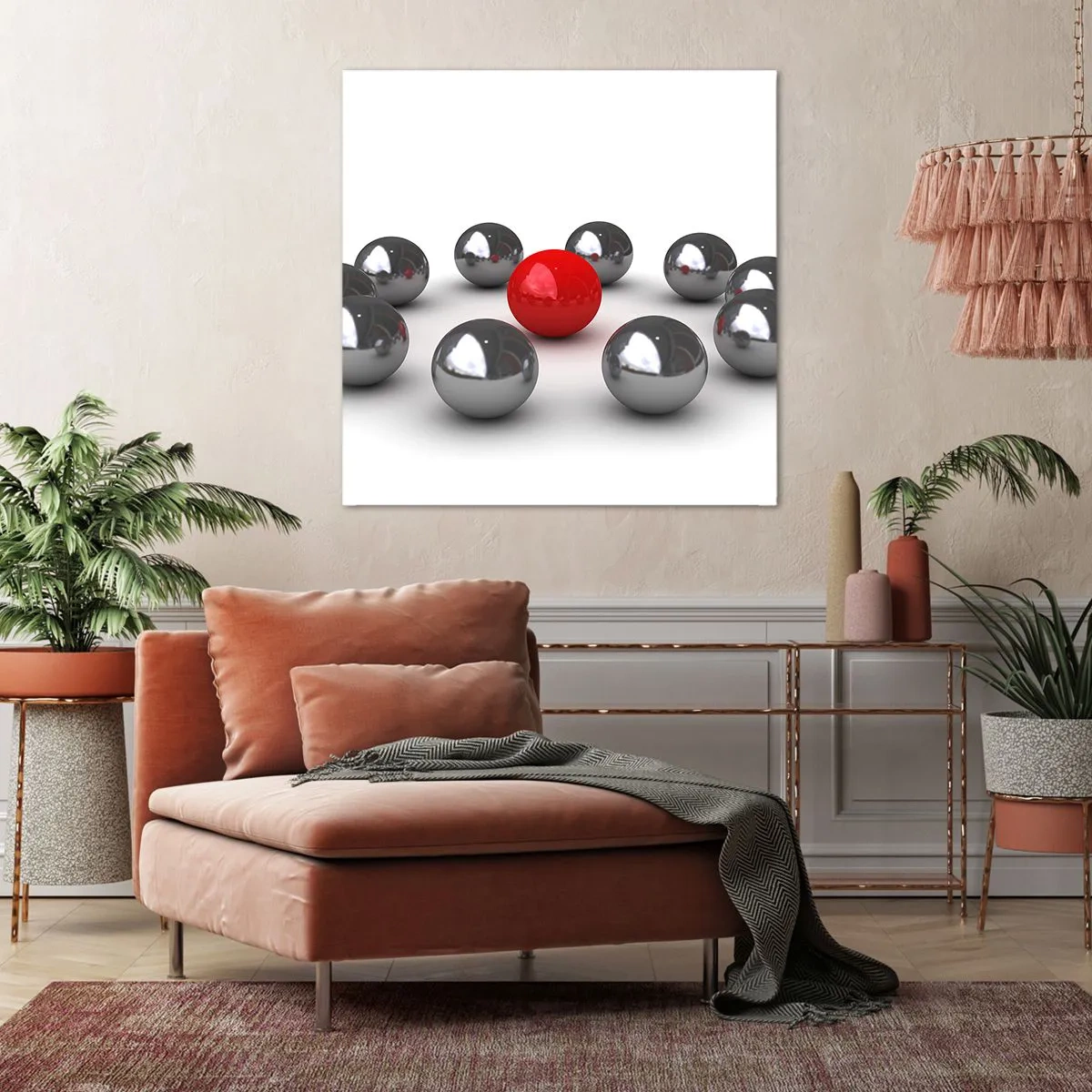Cuadro sobre lienzo - Impresión de Imagen - Círculo en plata y rojo - 60x60 cm