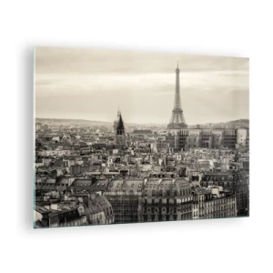 Cuadro sobre vidrio - Impresiones sobre Vidrio - Un panorama de París con vista a la Torre Eiffel en tonos sepia. - 70x50cm - Sobre los tejados de París - Decoración de pared moderna para salón y dormitorio ARTTOR