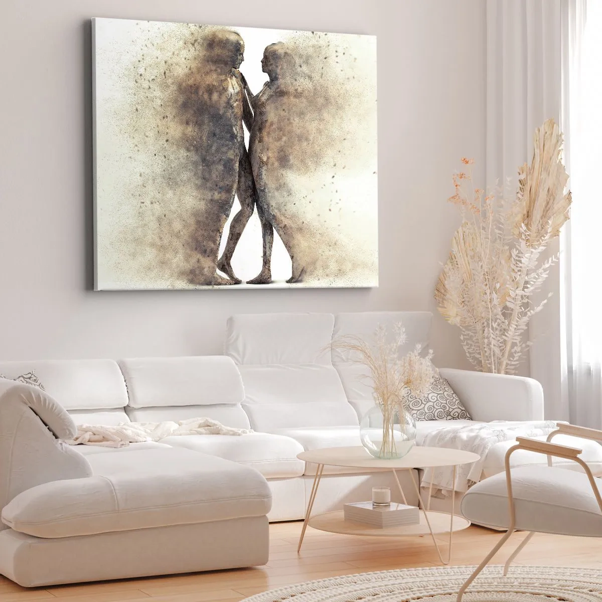 Cuadro sobre lienzo - Impresión de Imagen - Un dúo abstracto de siluetas en tonos arena. - 70x50cm - Del polvo resurgieron para amar - Decoración de pared moderna para salón y dormitorio ARTTOR