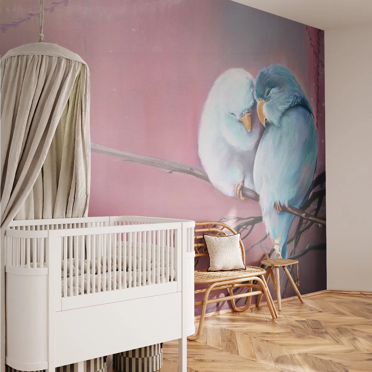 Fotomural Premium Sand - Agapornis en una rama sobre un fondo rosa - 100x70cm - Qué añadir aquí... - Decoración de pared moderna para salón y dormitorio ARTTOR