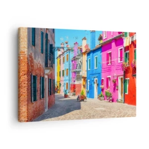 Cuadro sobre lienzo - Impresión de Imagen - Edificios coloridos en una calle estrecha de la ciudad - 70x50cm - Pueblo colorido - Decoración de pared moderna para salón y dormitorio ARTTOR