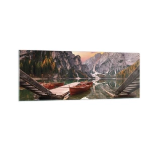 Cuadro sobre vidrio - Impresiones sobre Vidrio - Lago de montaña con barcos al atardecer - 140x50cm - Espejo entre montañas - Decoración de pared moderna para salón y dormitorio ARTTOR
