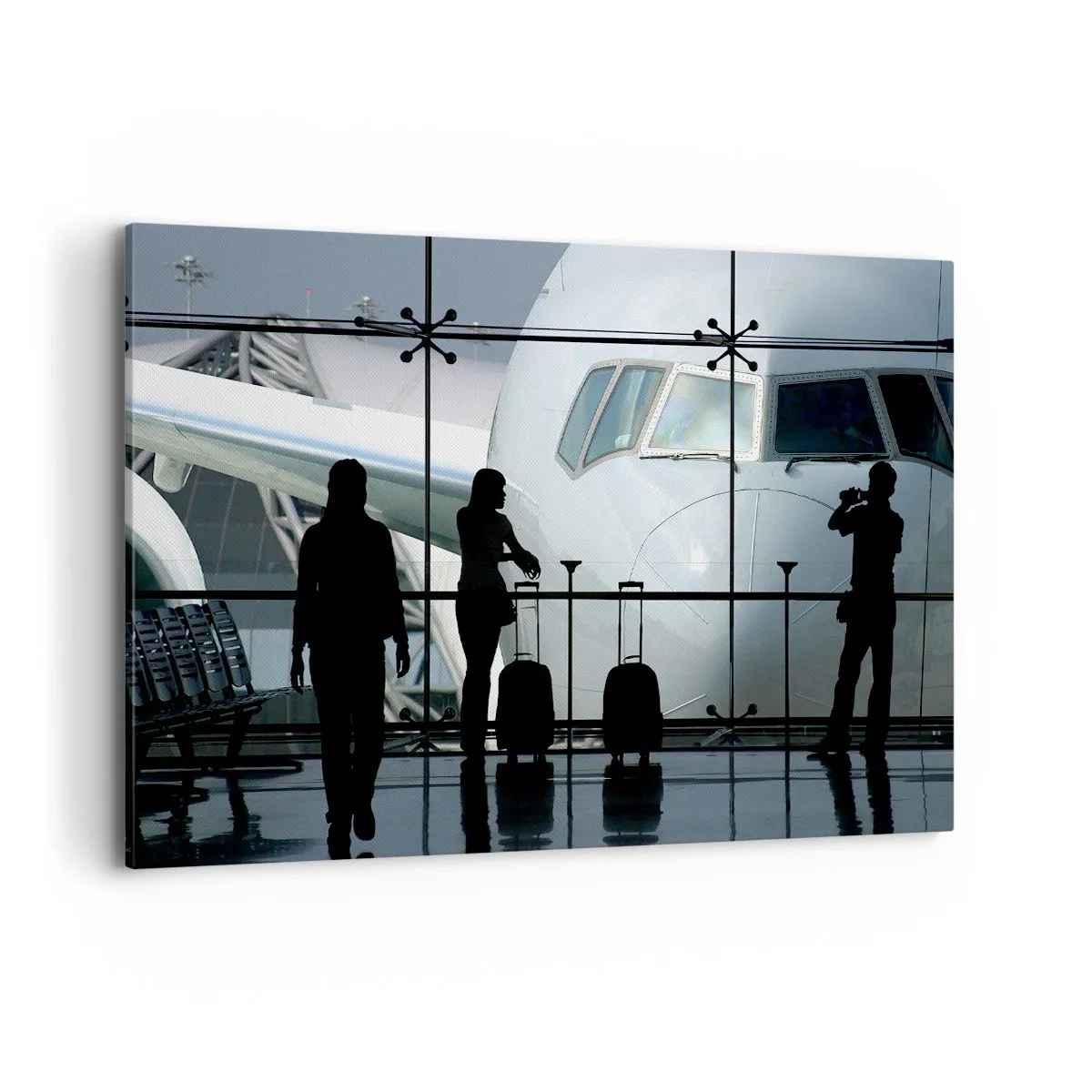 Cuadro sobre lienzo - Impresión de Imagen - Aeropuerto con siluetas de personas y una vista del avión. - 120x80cm - Vis a vis en el aeropuerto - Decoración de pared moderna para salón y dormitorio ARTTOR