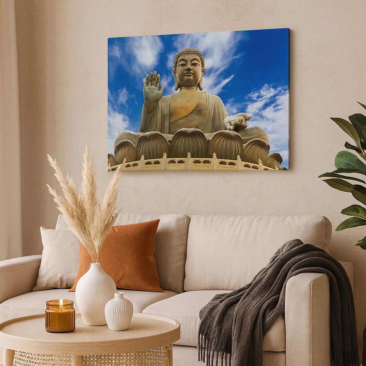 Cuadro sobre lienzo - Impresión de Imagen - Una estatua monumental de Buda contra un cielo azul con nubes. - 70x50cm - Vivir sin miedo - Decoración de pared moderna para salón y dormitorio ARTTOR