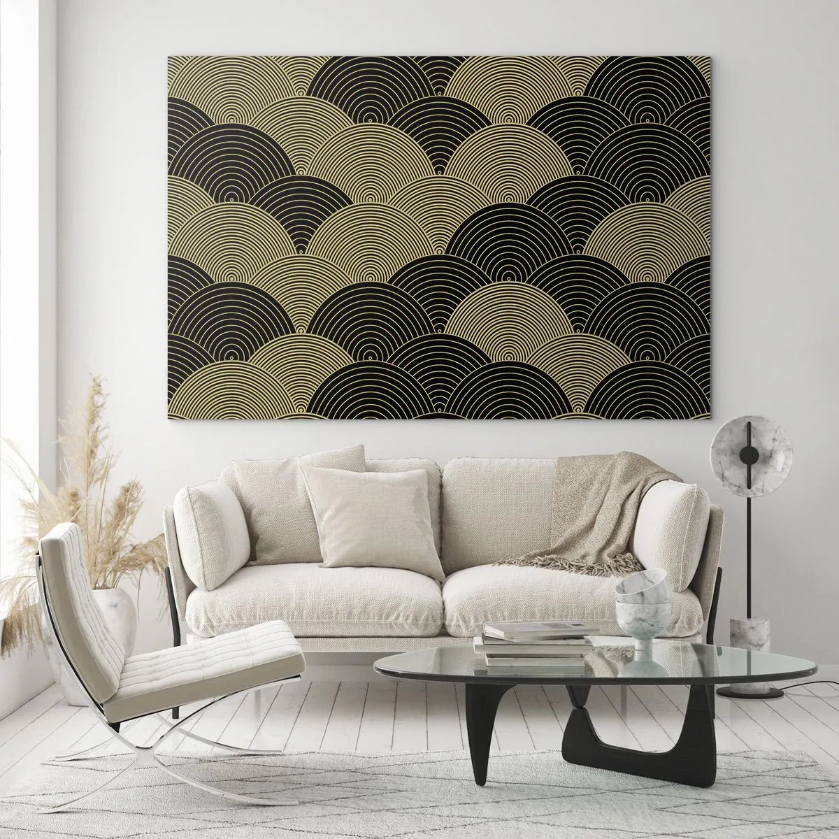 Cuadro sobre vidrio - Impresiones sobre Vidrio - Semicírculos dorados en un patrón japonés regular - 100x70cm - Multiplicación de la unidad - Decoración de pared moderna para salón y dormitorio ARTTOR