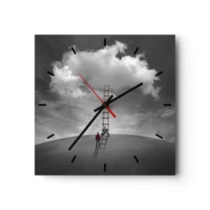 Reloj de pared - Reloj de vidrio - Una persona con un abrigo rojo y una escalera que conduce a una nube. - 30x30cm - Todo es posible - Decoración de pared moderna para salón y dormitorio ARTTOR