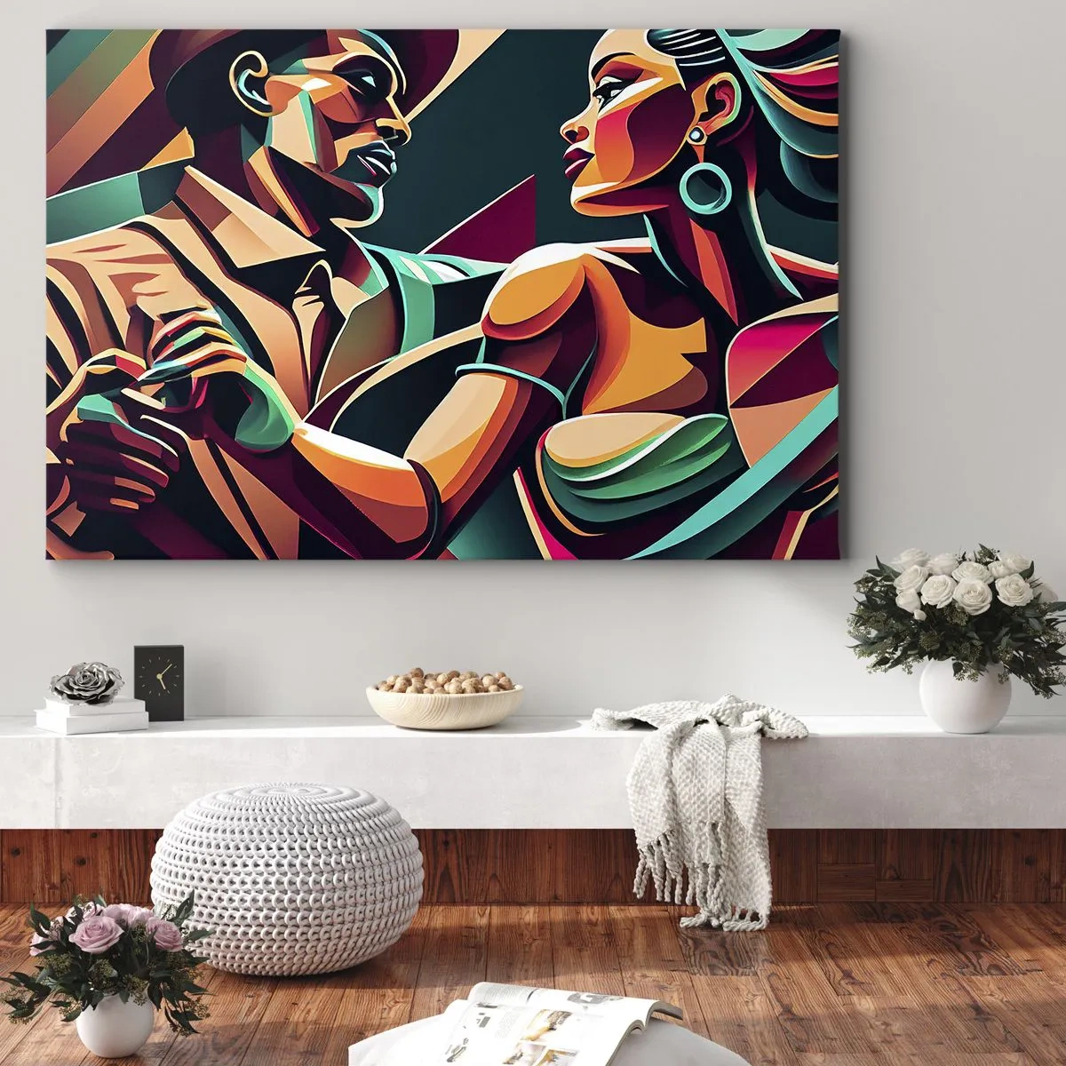 Cuadro sobre lienzo - Impresión de Imagen - Una pareja estilizada bailando en colores vibrantes y geométricos. - 120x80cm - Al ritmo del corazón - Decoración de pared moderna para salón y dormitorio ARTTOR