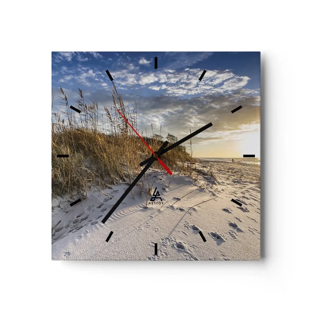 Reloj de pared - Reloj de vidrio - Dunas con hierba y huellas en la arena al atardecer - 30x30cm - Invitación a un paseo - Decoración de pared moderna para salón y dormitorio ARTTOR