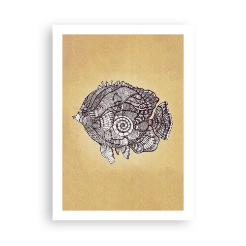 Póster - Pez artístico estilo mandala sobre fondo beige - 50x70cm - De un océano de ornamentos - Decoración de pared moderna para salón y dormitorio ARTTOR