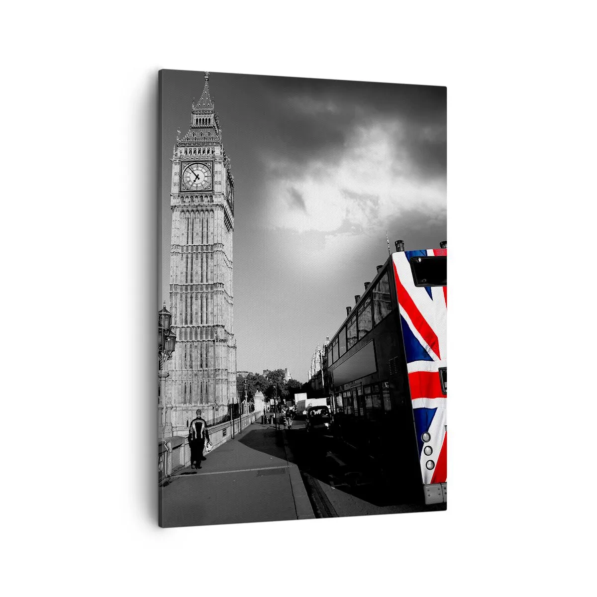 Cuadro sobre lienzo - Impresión de Imagen - El Big Ben y un autobús con una bandera británica sobre un fondo blanco y negro - 50x70cm - Orgullosa y grandiosa - Decoración de pared moderna para salón y dormitorio ARTTOR