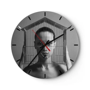Reloj de pared - Reloj de vidrio - Mujer con una jaula en la cara en estilo blanco y negro - 30x30cm - Un retrato algo surrealista - Decoración de pared moderna para salón, cocina y dormitorio ARTTOR