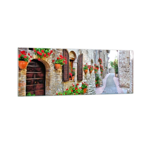 Cuadro sobre vidrio - Impresiones sobre Vidrio - Una calle estrecha con edificios de piedra decorados con macetas. - 140x50cm - Ambiente italiano - Decoración de pared moderna para salón y dormitorio ARTTOR