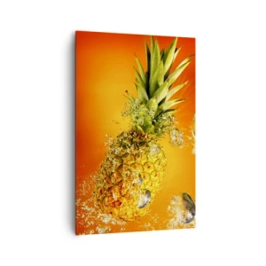 Cuadro sobre lienzo - Impresión de Imagen - Una piña sumergida en agua sobre un fondo degradado naranja. - 80x120cm - Jugosa frescura tropical - Decoración de pared moderna para salón y dormitorio ARTTOR