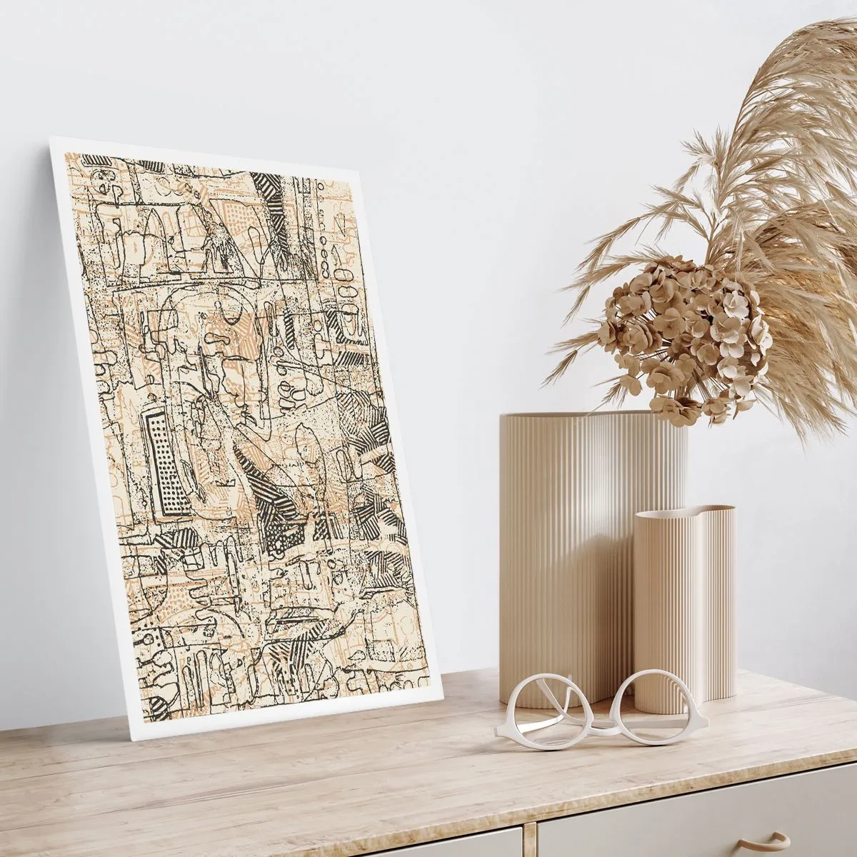 Póster - Patrón geométrico abstracto en tonos beige y negro. - 50x70cm - A la espera de ser descifrado - Decoración de pared moderna para salón y dormitorio ARTTOR
