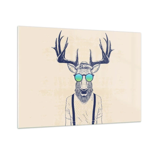 Cuadro sobre vidrio - Impresiones sobre Vidrio - Un elegante ciervo con gafas de sol sobre un fondo claro. - 100x70cm - ¿Y a quién esperabas? - Decoración de pared moderna para salón y dormitorio ARTTOR