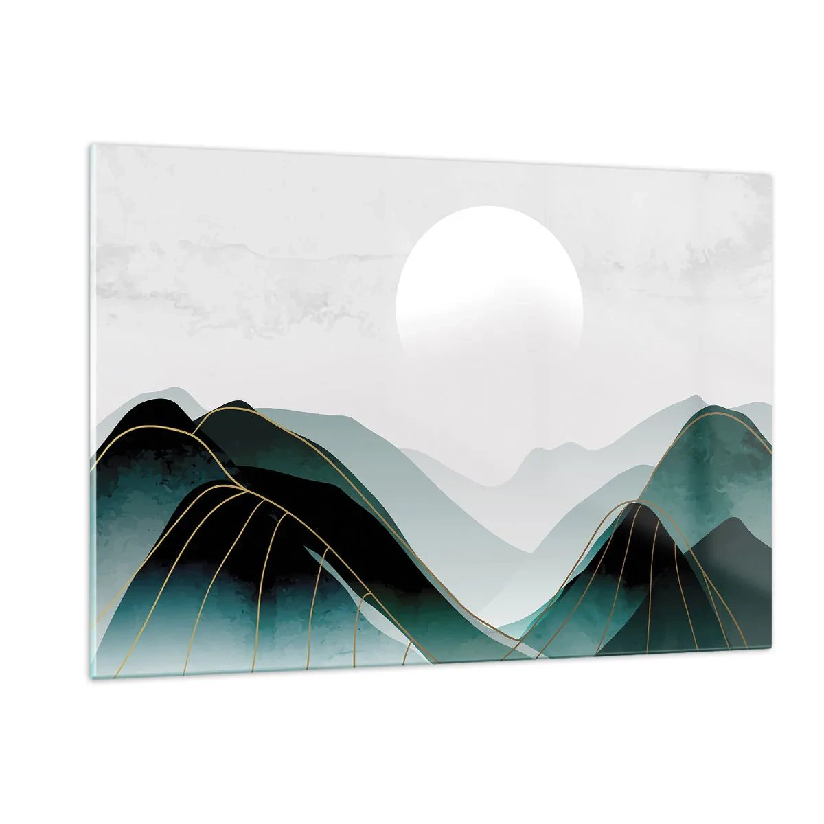 Cuadro sobre vidrio - Impresiones sobre Vidrio - Paisaje de montaña con sol blanco y líneas doradas. - 120x80cm - Con toda la majestuosidad - Decoración de pared moderna para salón y dormitorio ARTTOR