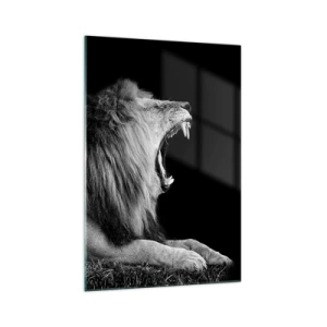 Cuadro sobre vidrio - Impresiones sobre Vidrio - Un león rugiente sobre un fondo negro en tonos blanco y negro. - 70x100cm - Sin duda alguna - Decoración de pared moderna para salón y dormitorio ARTTOR