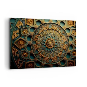 Cuadro sobre lienzo - Impresión de Imagen - Un mandala dorado sobre un fondo turquesa con ricos detalles. - 120x80cm - En un clima árabe - Decoración de pared moderna para salón y dormitorio ARTTOR
