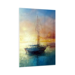 Cuadro sobre vidrio - Impresiones sobre Vidrio - Un yate en un mar tranquilo al atardecer. - 80x120cm - En una bahía dorada - Decoración de pared moderna para salón y dormitorio ARTTOR