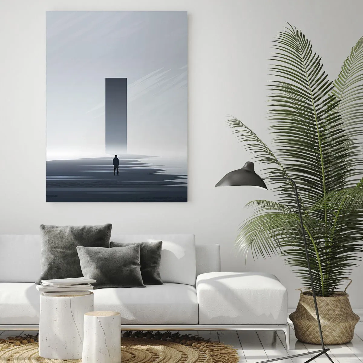 Cuadro sobre vidrio - Impresiones sobre Vidrio - Un paisaje minimalista con una silueta junto a un monolito rectangular. - 70x100cm - ¿Oportunidad o amenaza? - Decoración de pared moderna para salón y dormitorio ARTTOR