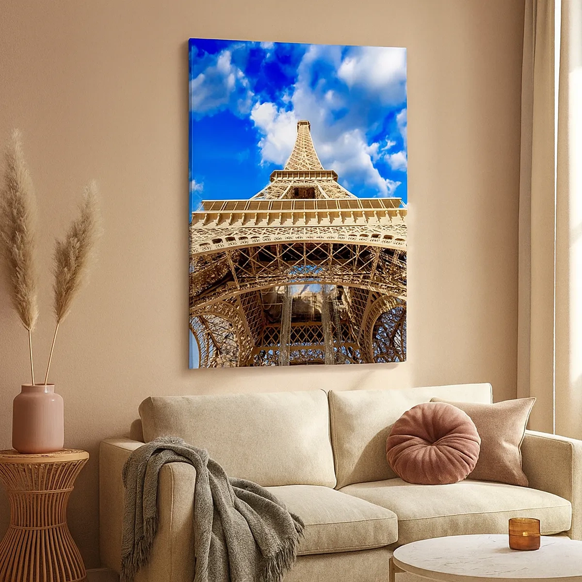 Cuadro sobre lienzo - Impresión de Imagen - La Torre Eiffel desde abajo contra un cielo azul - 50x70cm - Alcanzando el cielo y las nubes - Decoración de pared moderna para salón y dormitorio ARTTOR
