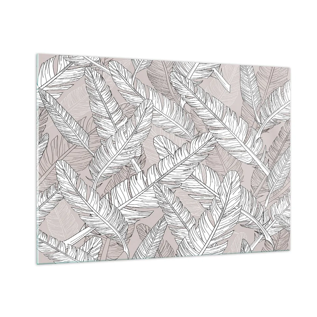 Cuadro sobre vidrio - Impresiones sobre Vidrio - Hojas en blanco y negro sobre un fondo beige en un estilo gráfico. - 100x70cm - Turbulencias de plumas - Decoración de pared moderna para salón y dormitorio ARTTOR