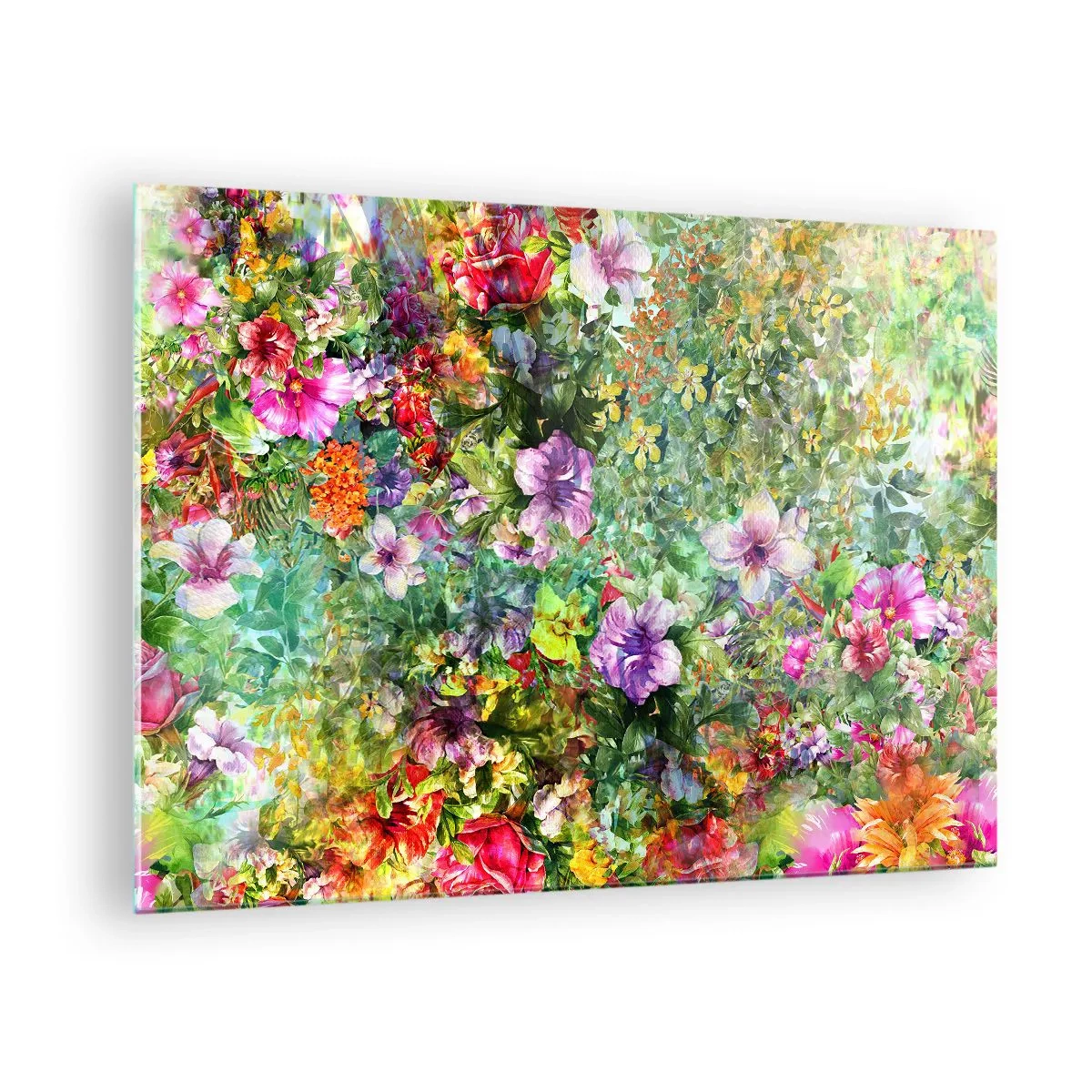 Cuadro sobre vidrio - Impresiones sobre Vidrio - Flores coloridas en una composición artística. - 70x50cm - En flores a la perdición - Decoración de pared moderna para salón y dormitorio ARTTOR