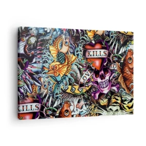 Cuadro sobre lienzo - Impresión de Imagen - Obra de arte colorida estilo tatuaje con calaveras y motivos náuticos. - 70x50cm - El sueño de un tatuador - Decoración de pared moderna para salón y dormitorio ARTTOR