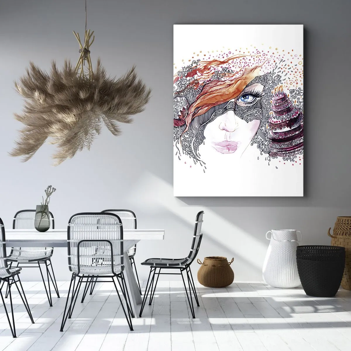 Cuadro sobre lienzo - Impresión de Imagen - Retrato artístico de una mujer con detalles y acento rojo. - 50x70cm - Con ella cada día es una fiesta - Decoración de pared moderna para salón y dormitorio ARTTOR