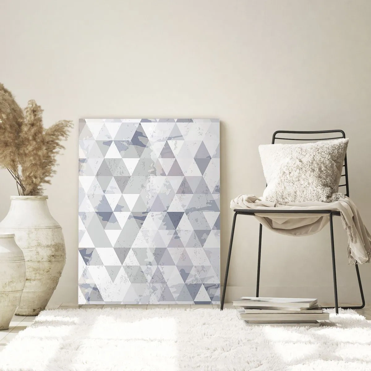 Cuadro sobre vidrio - Impresiones sobre Vidrio - Patrón de triángulo geométrico en tonos neutros de gris y beige. - 50x70cm - A ritmo de triángulo - Decoración de pared moderna para salón y dormitorio ARTTOR