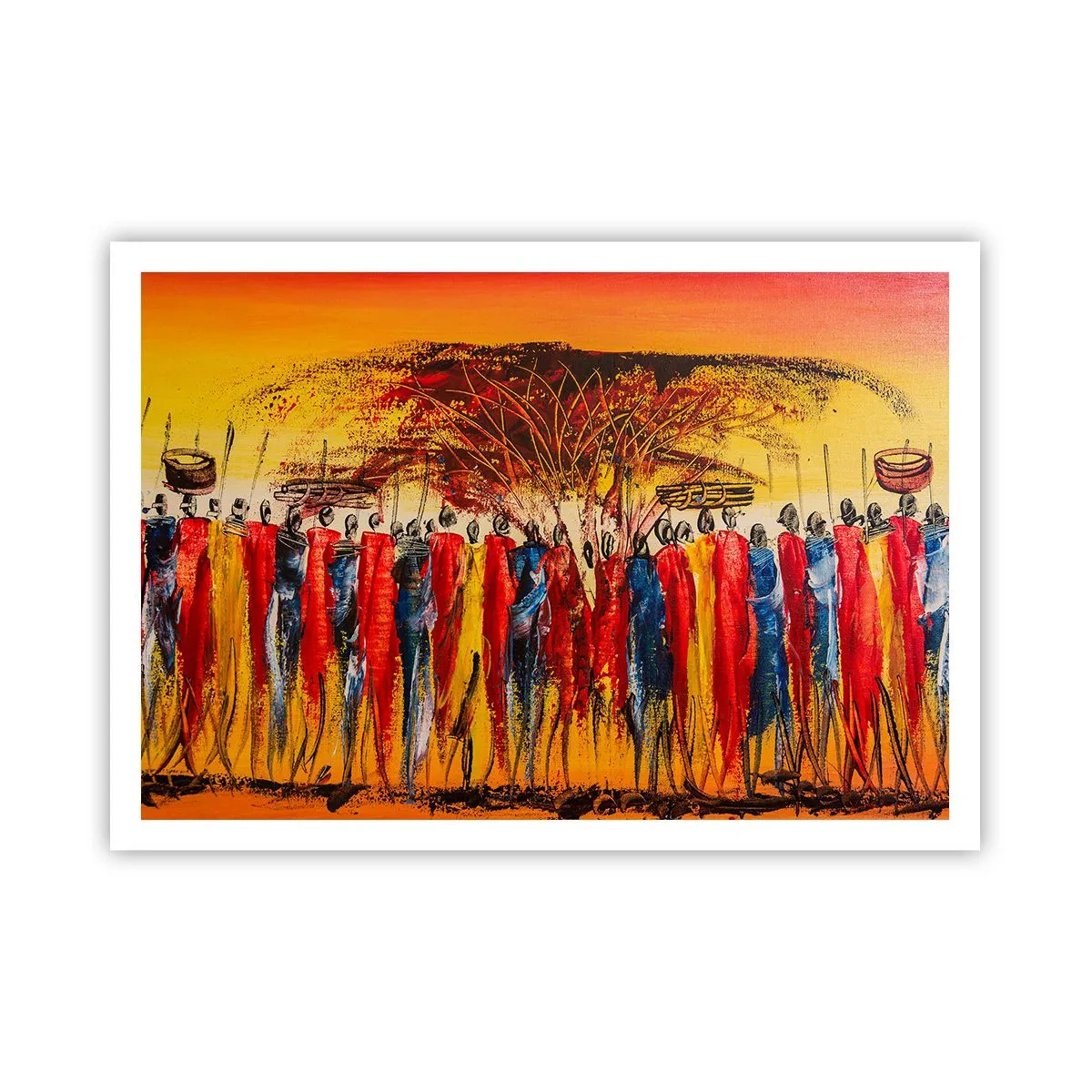 Póster - Una escena colorida con figuras africanas con el sol poniente como telón de fondo. - 100x70cm - Allí, allí, allí van - Decoración de pared moderna para salón y dormitorio ARTTOR