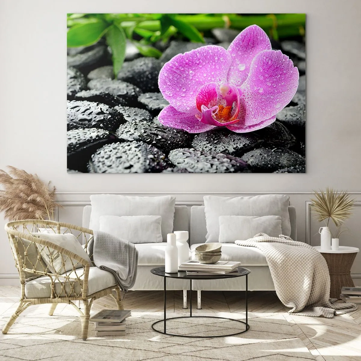 Cuadro sobre vidrio - Impresiones sobre Vidrio - Flor de orquídea rosa sobre piedras negras mojadas - 100x70cm - Como un corazón abierto - Decoración de pared moderna para salón y dormitorio ARTTOR