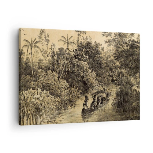 Cuadro sobre lienzo - Impresión de Imagen - Dibujo de una jungla con un barco en un río. - 70x50cm - Expedición a la fuente - Decoración de pared moderna para salón y dormitorio ARTTOR
