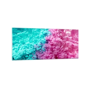 Cuadro sobre vidrio - Impresiones sobre Vidrio - Ondas coloridas de color turquesa y rosa en forma abstracta. - 120x50cm - Un choque decisivo - Decoración de pared moderna para salón y dormitorio ARTTOR