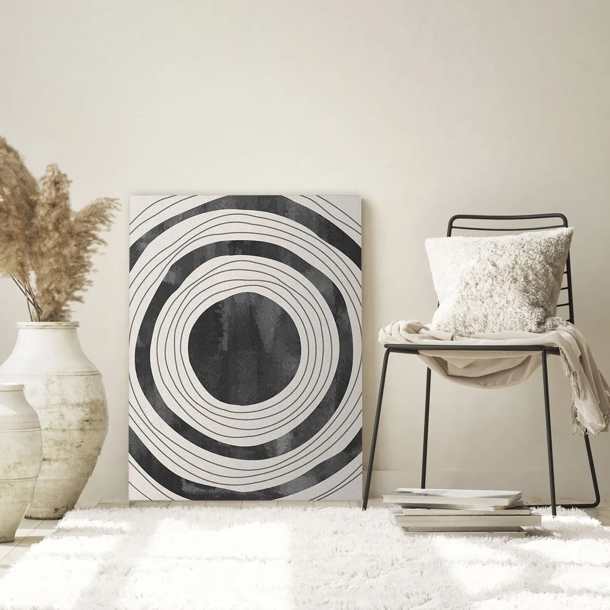 Cuadro sobre vidrio - Impresiones sobre Vidrio - Círculos concéntricos en blanco y negro sobre un fondo claro - 70x100cm - En el centro mismo - Decoración de pared moderna para salón y dormitorio ARTTOR