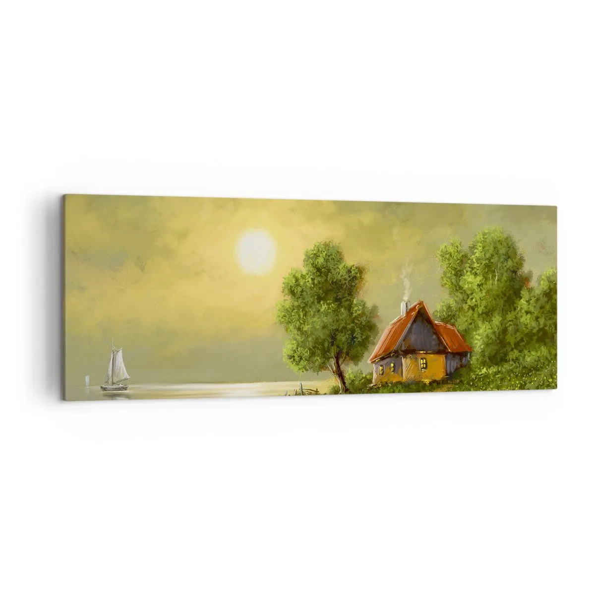 Cuadro sobre lienzo - Impresión de Imagen - Casa del lago a la luz del atardecer - 140x50cm - Es hermoso, como salido de un cuadro - Decoración de pared moderna para salón y dormitorio ARTTOR